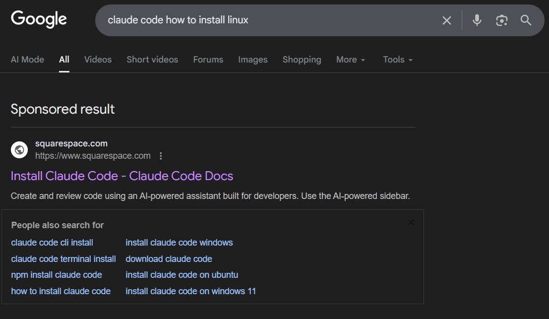 Fake Claude Code documentation page at claude-update-code.squarespace.com showing the obfuscated curl command with base64-encoded URL in the macOS installation section