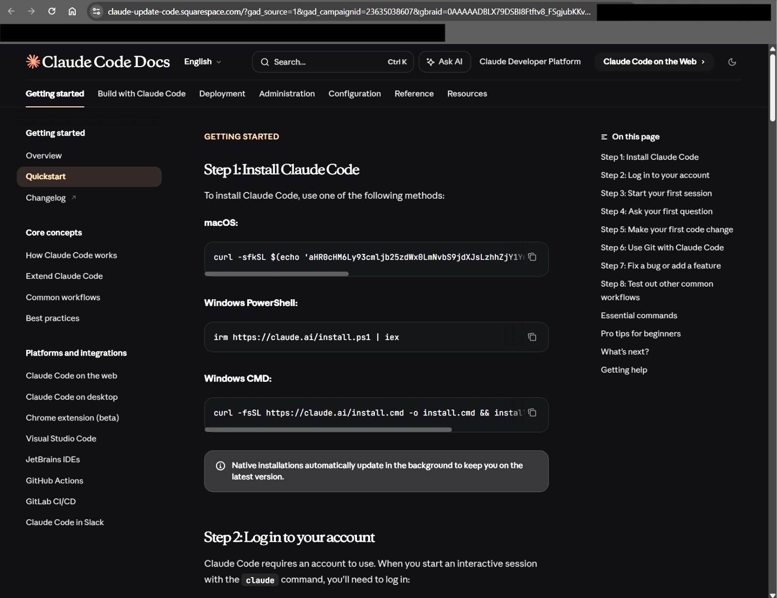 Google search results showing a sponsored Squarespace link titled 'Install Claude Code - Claude Code Docs' above organic results